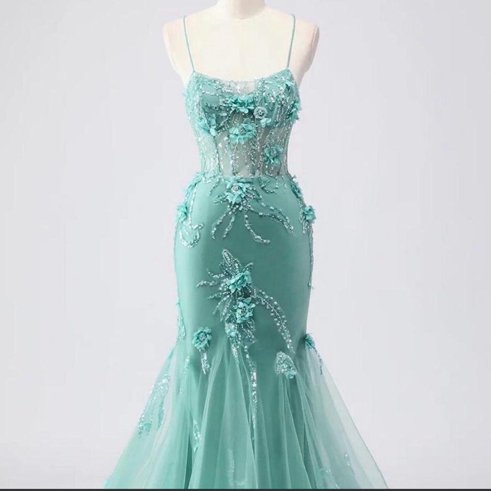 Aqua Floral Appliqué Mermaid Evening Dress